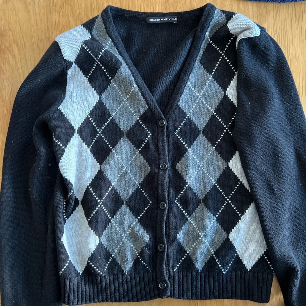 Brandy Melville Black and Gray Argyle Sweater
